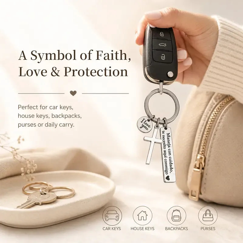 Keychain with Cross and "I Love You" Charm