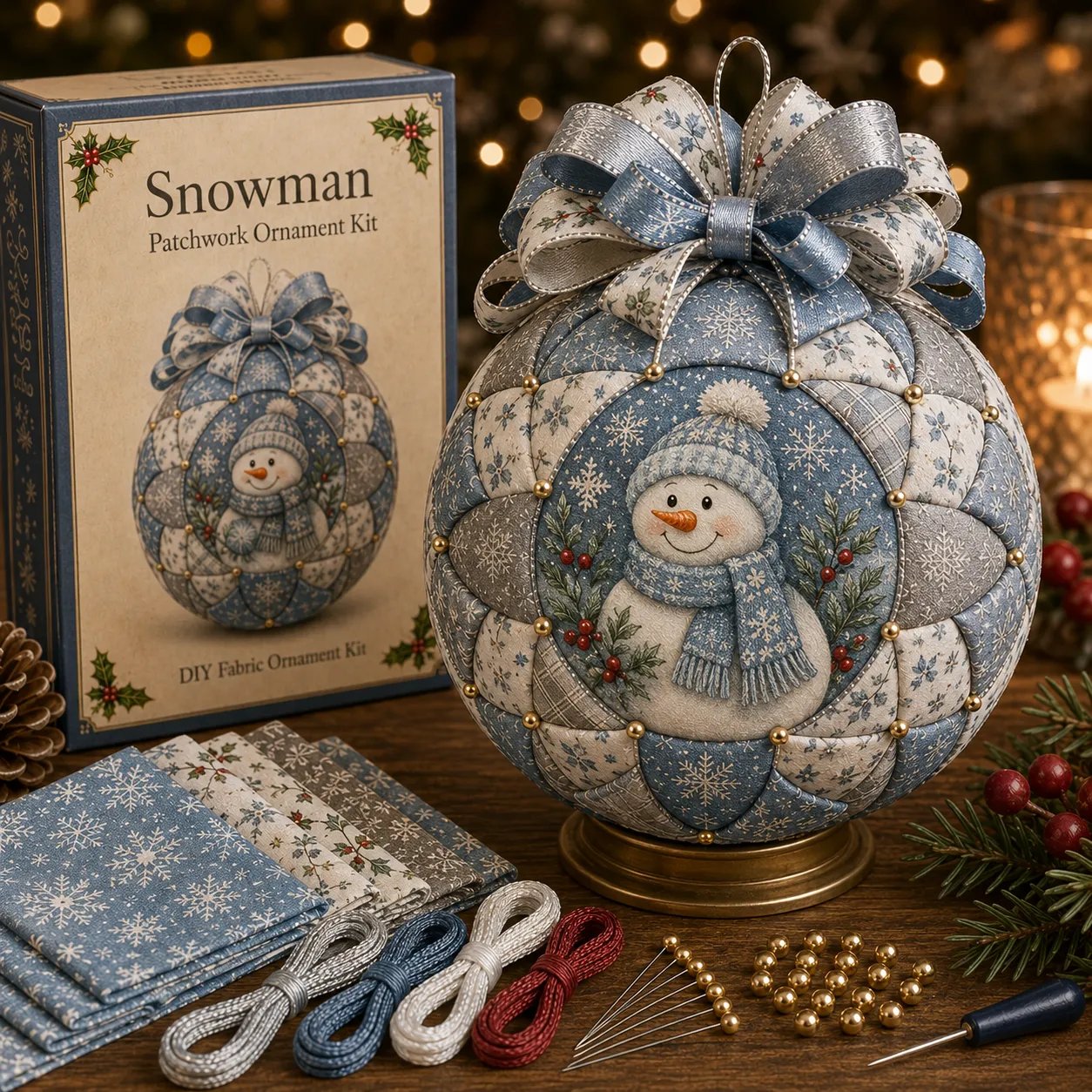 Snowman Christmas patchwork ornament DIY kit in blue and silver fabrics