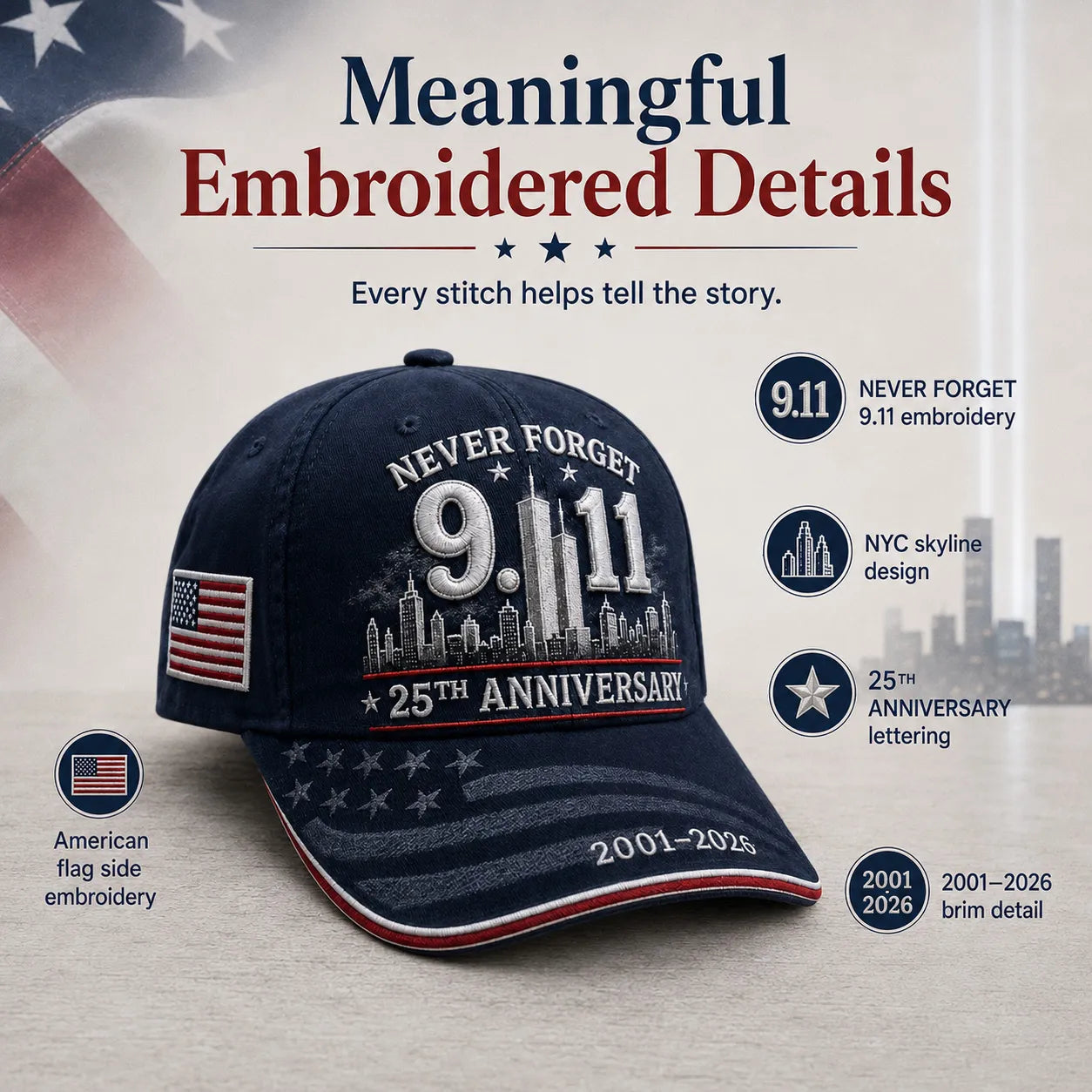 9/11 Never Forget 25th Anniversary Embroidered Cap – Unisex Patriotic Memorial Hat🧢 100% Cotton