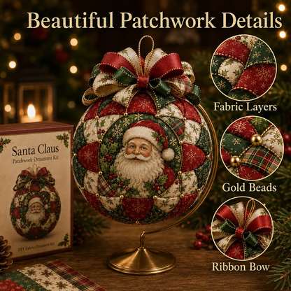 Patchwork ornament fabric layers gold beads and ribbon bow details