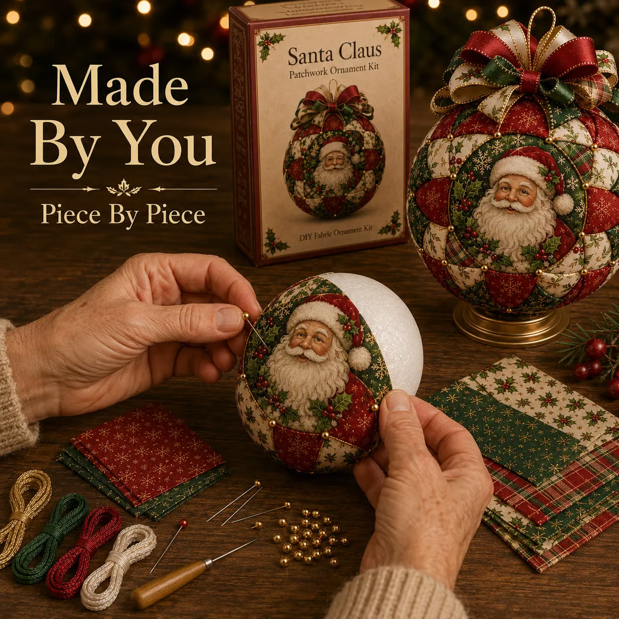 Christmas patchwork ornament being made piece by piece