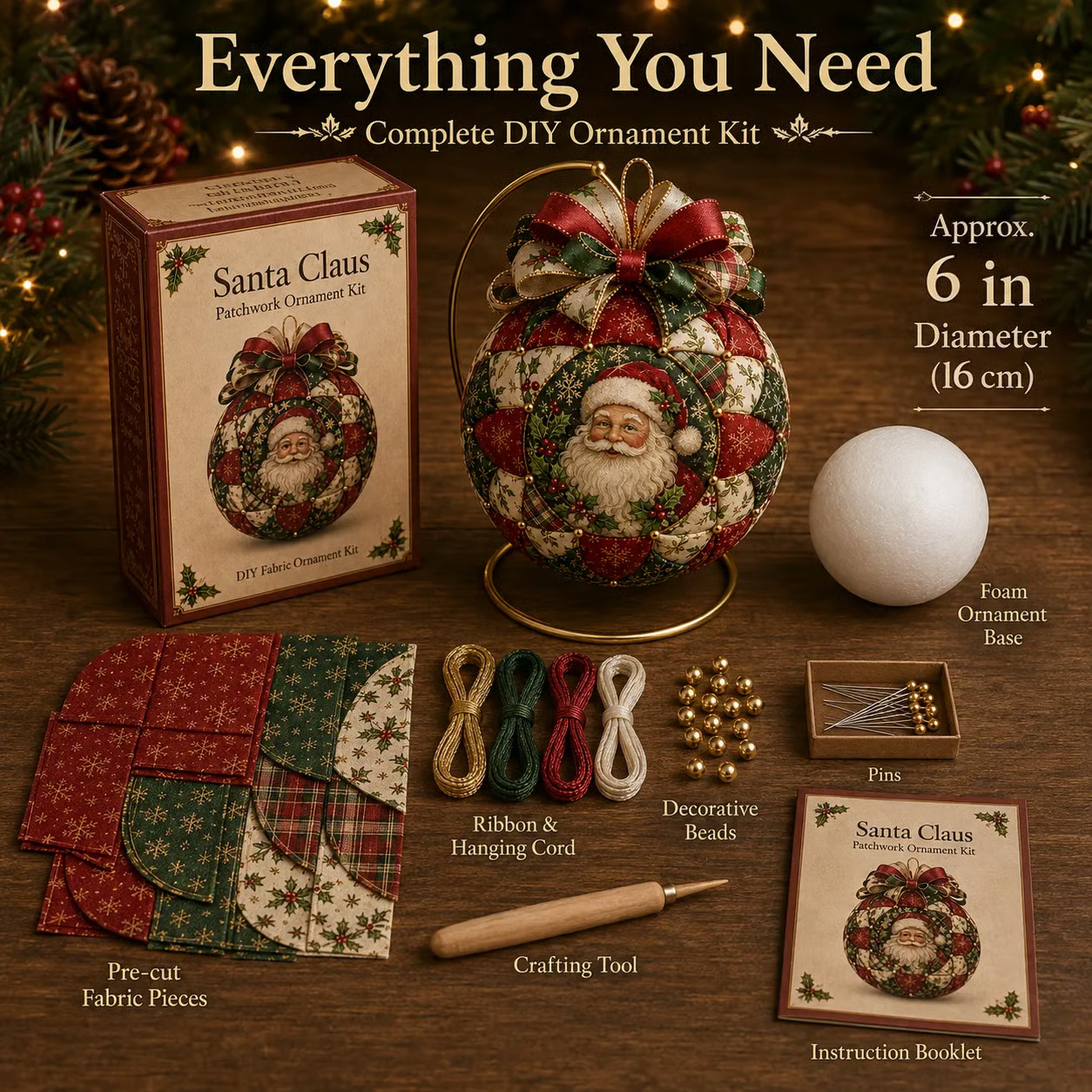 Complete patchwork ornament DIY kit contents and 6 inch finished size