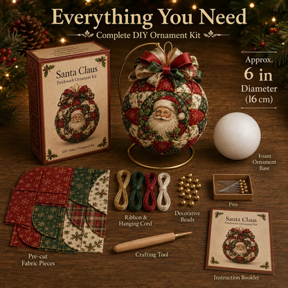 Complete patchwork ornament DIY kit contents and 6 inch finished size