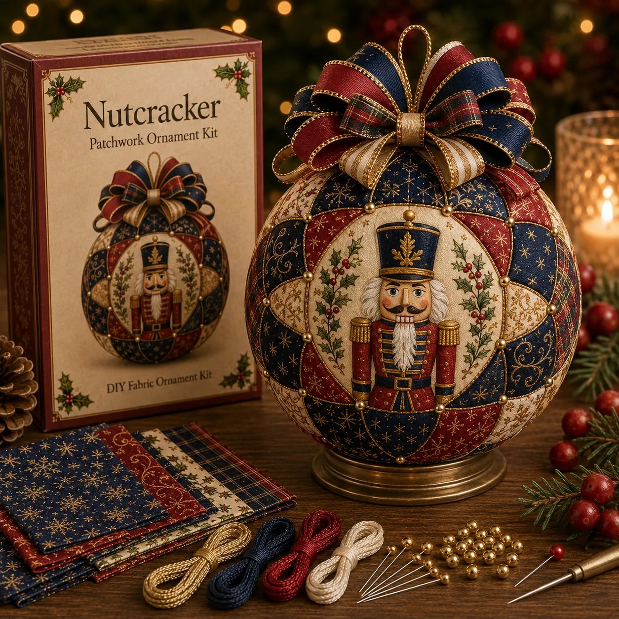 Nutcracker Christmas patchwork ornament DIY kit with navy red and gold details