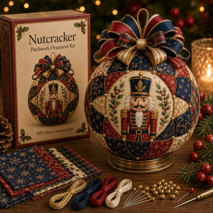 Nutcracker Christmas patchwork ornament DIY kit with navy red and gold details