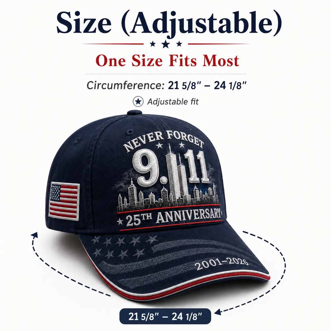 9/11 Never Forget 25th Anniversary Embroidered Cap – Unisex Patriotic Memorial Hat🧢 100% Cotton