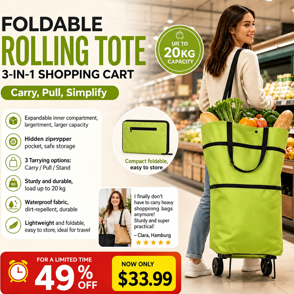 Convertible shopping tote – hides wheels, holds 20kg, expands with zipper!