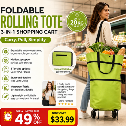 Convertible shopping tote – hides wheels, holds 20kg, expands with zipper!