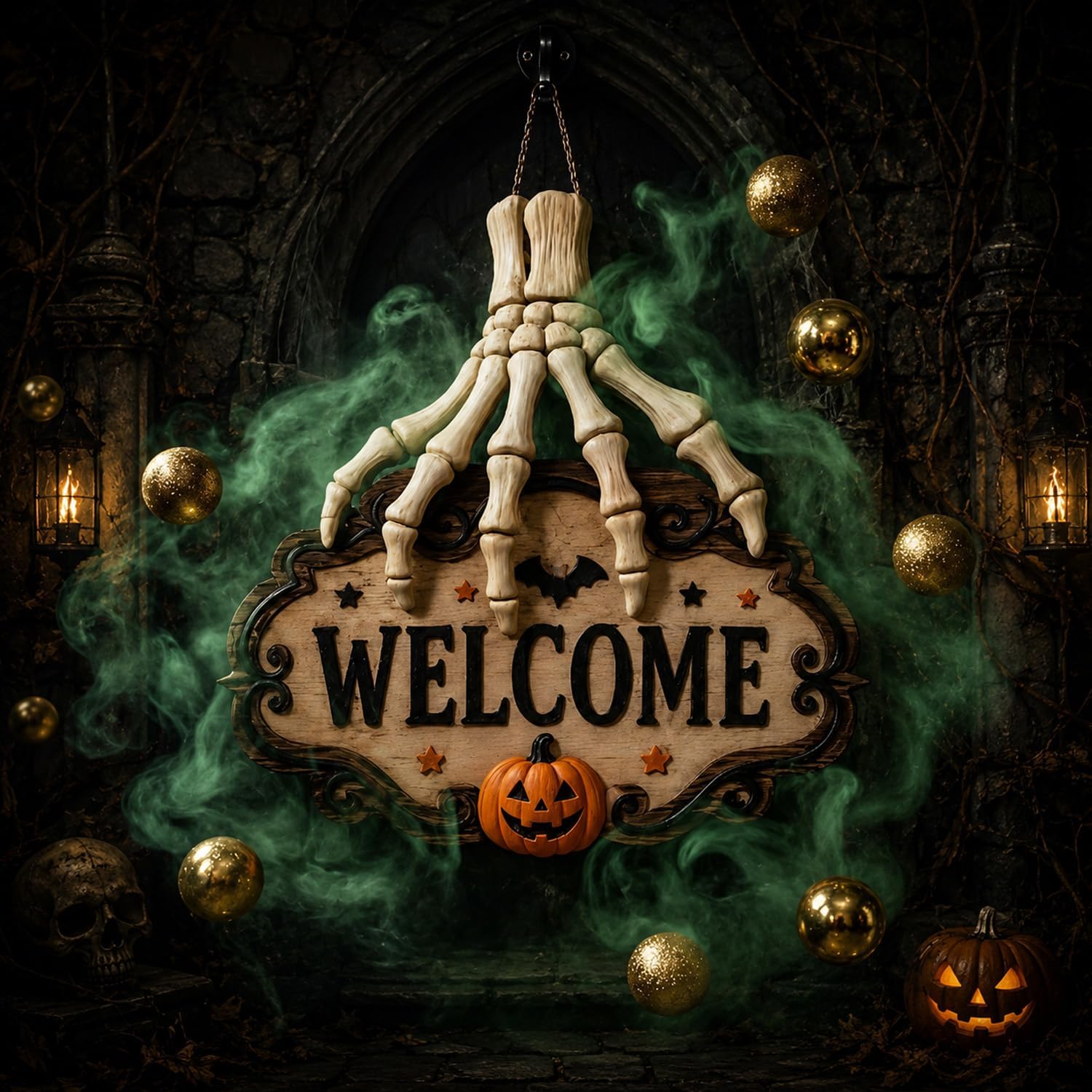 Halloween Skeleton Hand Welcome Hanging Sign