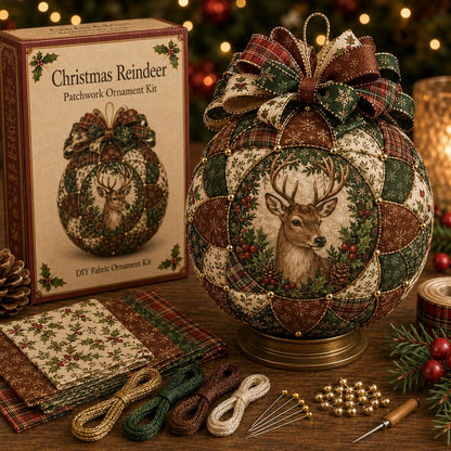 Christmas reindeer patchwork ornament DIY kit in traditional rustic fabrics