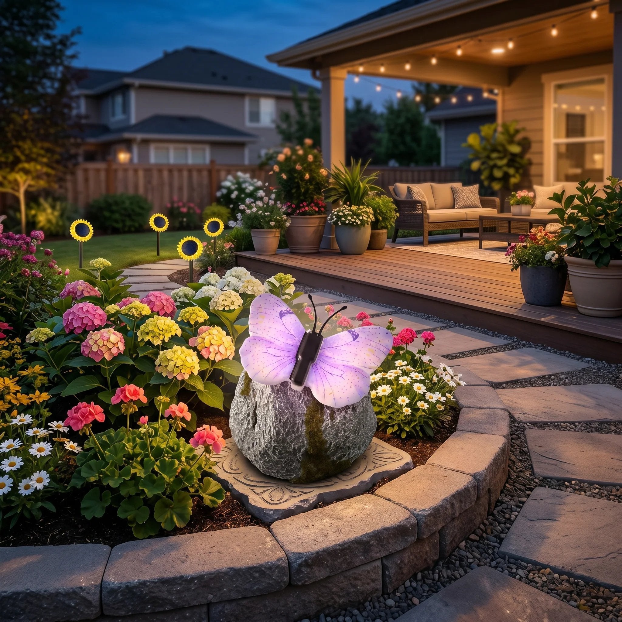 🦋 Solar Butterfly Stone Garden Light, Waterproof LED Glowing Landscape Rock Lamp, Auto On/Off Outdoor Resin Decor for Yard, Lawn, Pathway, Patio & Porch, Perfect Garden Gift