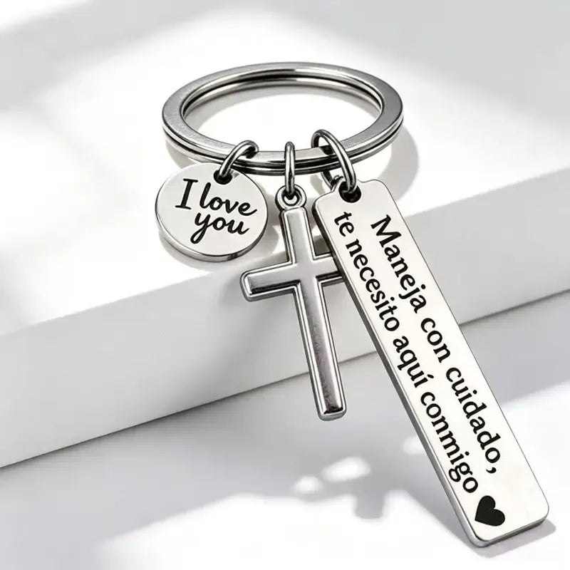 Keychain with Cross and "I Love You" Charm