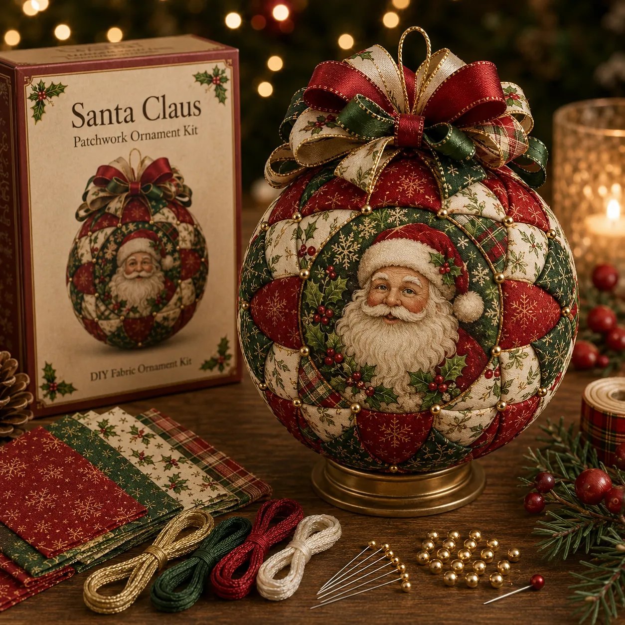 Santa Claus Christmas patchwork ornament DIY kit with fabric, ribbon, beads and pins