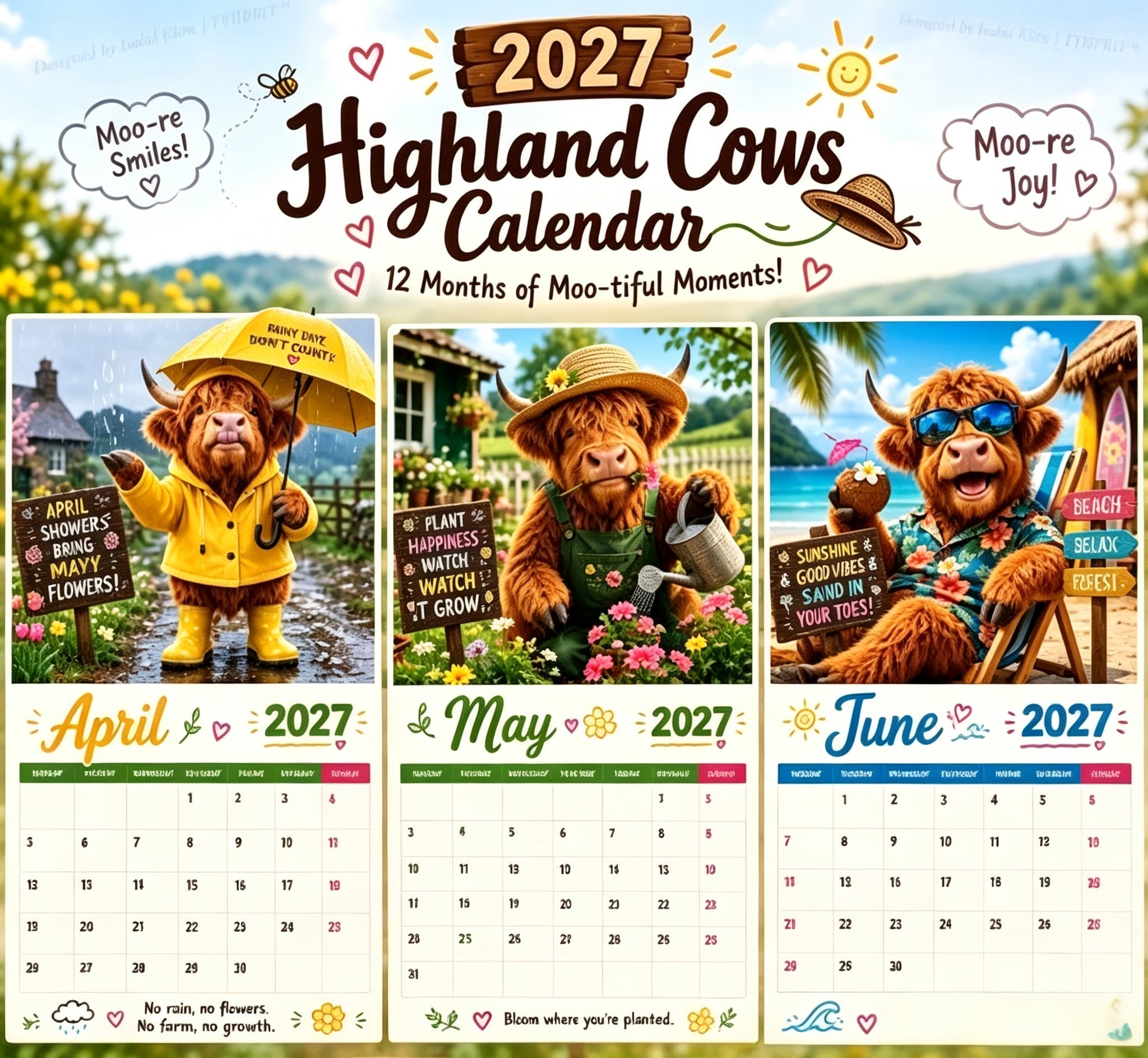 2027 Funny Highland Cows Wall Calendar A4 Hanging Calendar