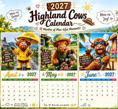 2027 Funny Highland Cows Wall Calendar A4 Hanging Calendar