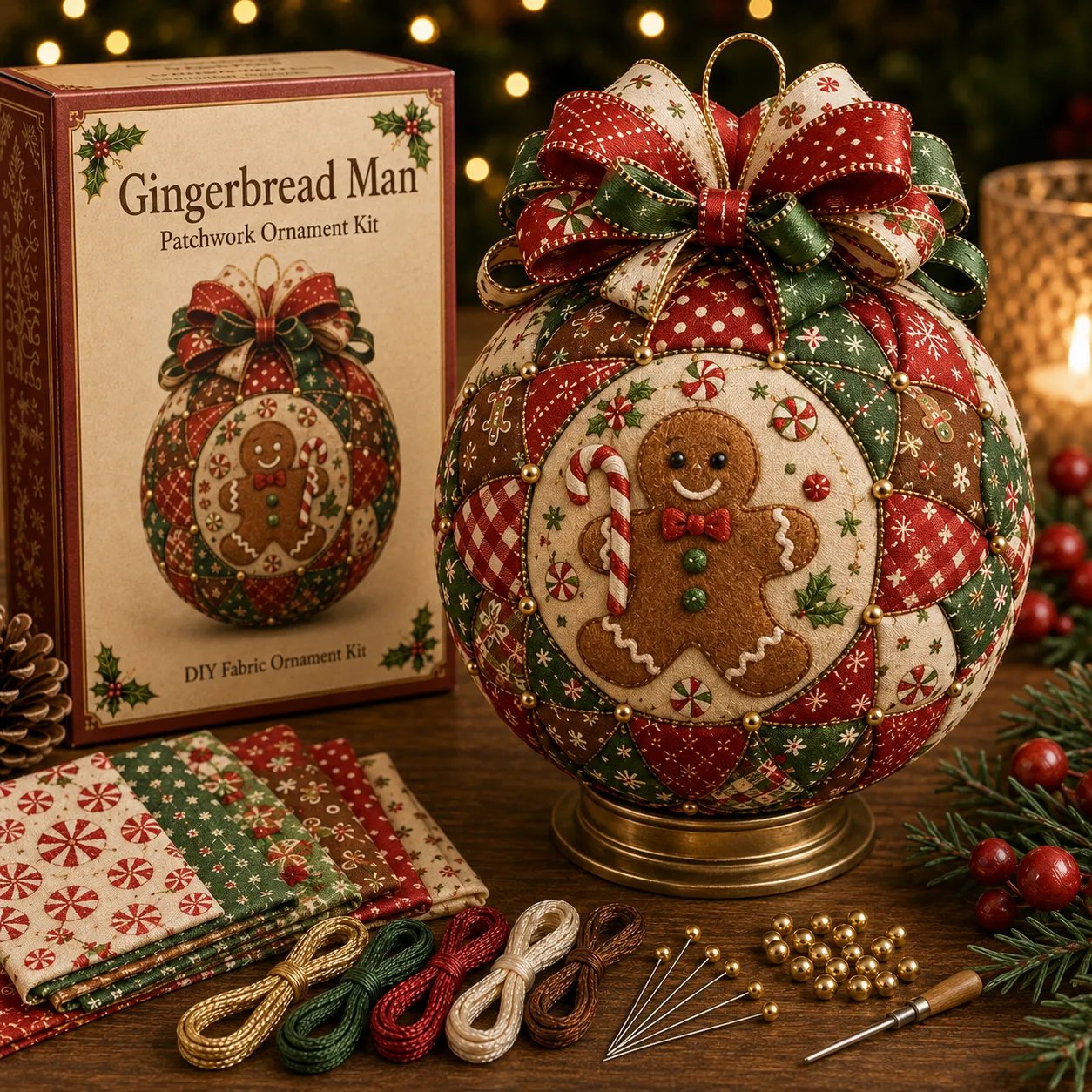 Gingerbread man Christmas patchwork ornament DIY kit with festive fabric pieces