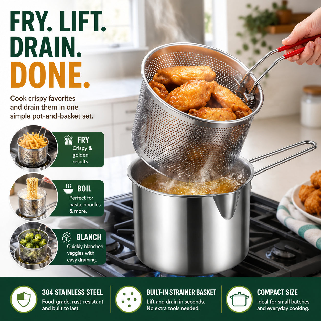 Multifunctional 304 Stainless Steel Frying Pot