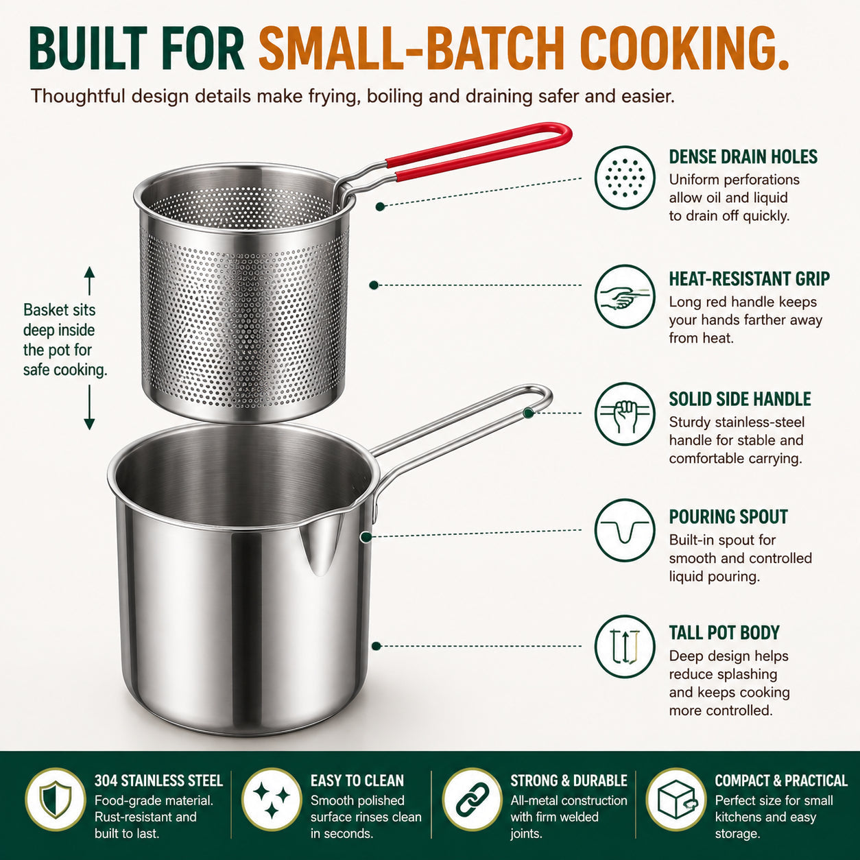 Multifunctional 304 Stainless Steel Frying Pot