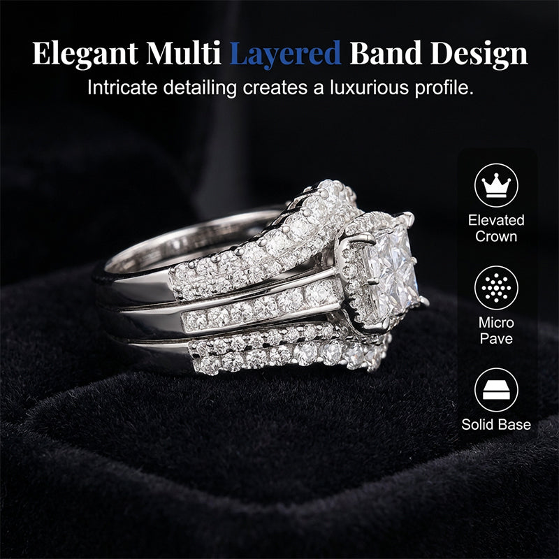 ✨Women's Princess Cut Cubic Zirconia Filled Ring – Pave Setting, Multi-Layer Band, Sparkle